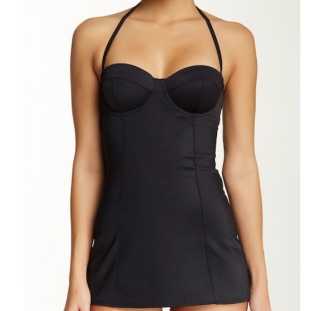 Spanx Retro Dresskini Swim Top Size 14 Solid Black Modest *No Halter Strap*